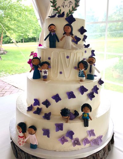 fondant family members on different levels of cake, ombre hydrangeas, wedding cake at Hildene, Manchester, VT