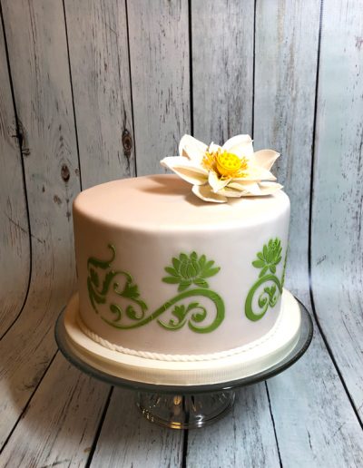 gum paste lotus and stencil design on small wedding cake