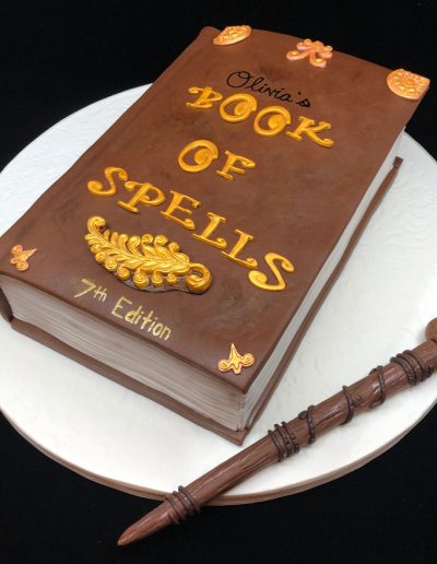 birthday cake shaped like a book of spells plus a fondant wand