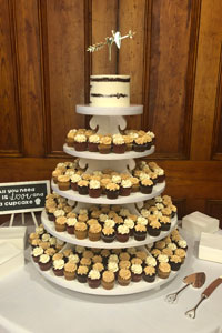 semi-naked cutting cake on top of cupcake stand with mini cupcakes