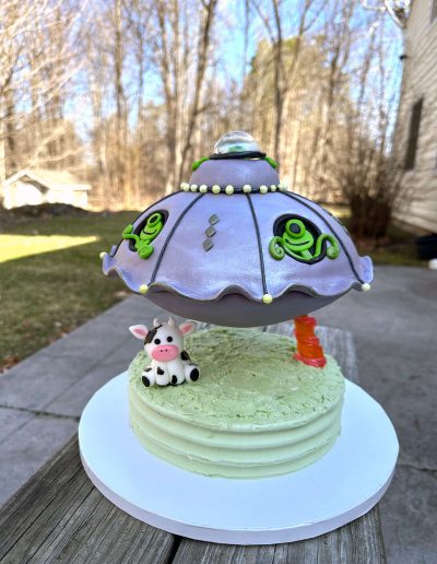alien ufo birthday cake with elevated ufo and a cow sitting underneath