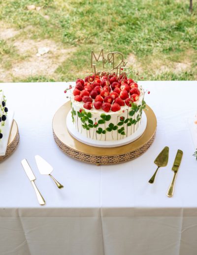 3 separate cakes with fruit tops and minimal decorating with piping and flowers